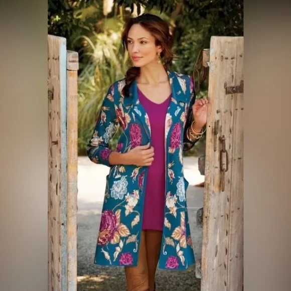 Soft Surroundings M Floral Fairy Glen Longline Knit Cardigan Sweater Duster Boho