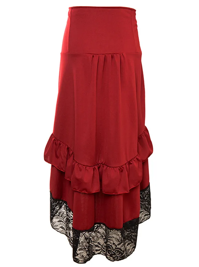 Steampunk Victorian Gothic Lace Trim Ruffled High Low Skirt
