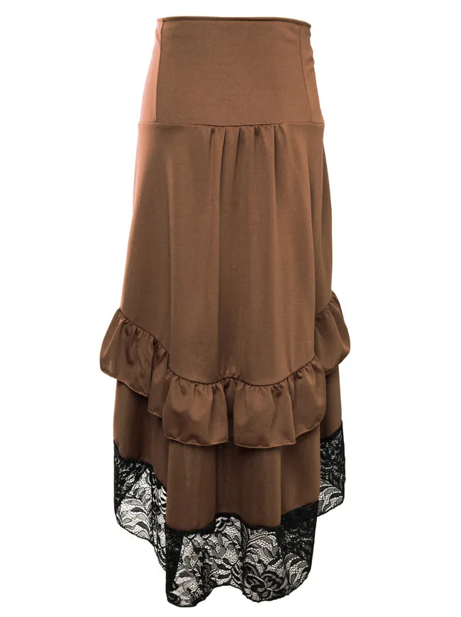 Steampunk Victorian Gothic Lace Trim Ruffled High Low Skirt
