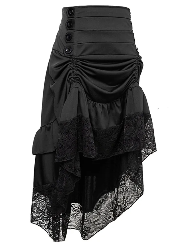 Steampunk Victorian Gothic Lace Trim Ruffled High Low Skirt