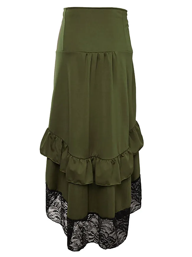 Steampunk Victorian Gothic Lace Trim Ruffled High Low Skirt