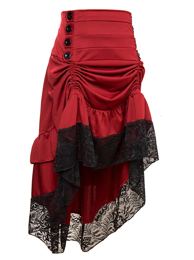Steampunk Victorian Gothic Lace Trim Ruffled High Low Skirt
