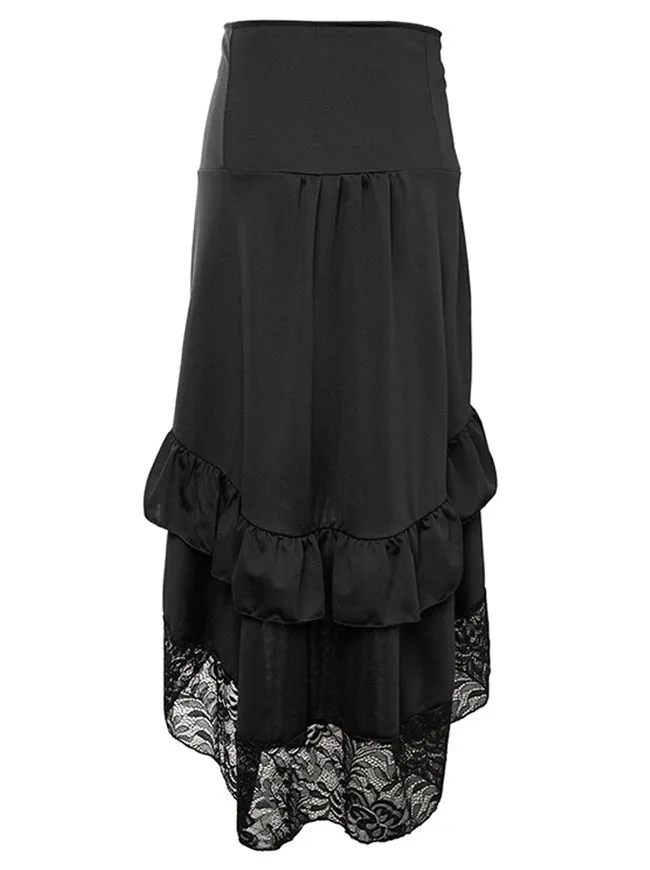 Steampunk Victorian Gothic Lace Trim Ruffled High Low Skirt