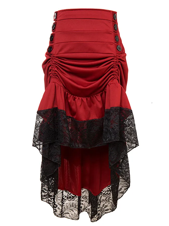 Steampunk Victorian Gothic Lace Trim Ruffled High Low Skirt