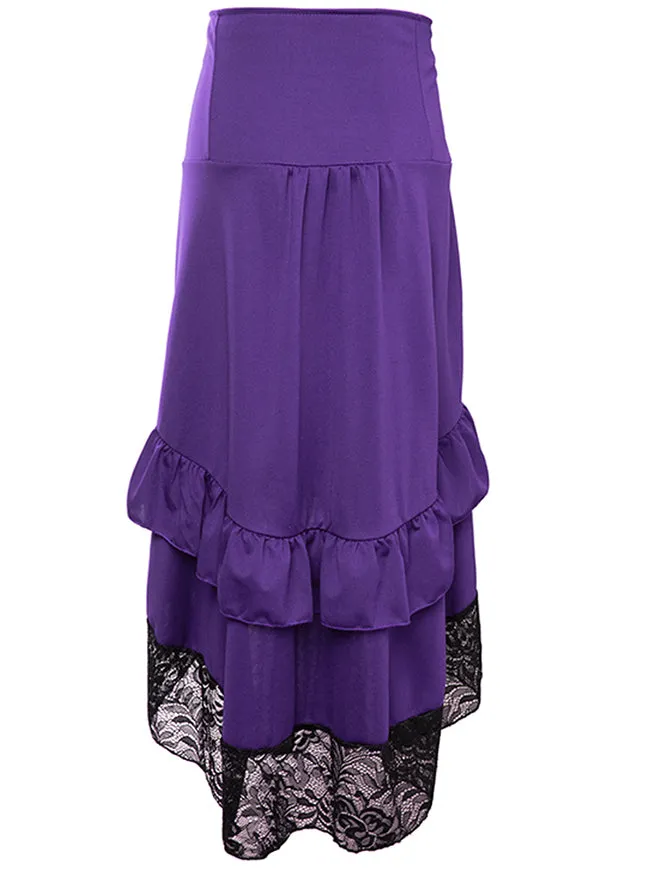 Steampunk Victorian Gothic Lace Trim Ruffled High Low Skirt