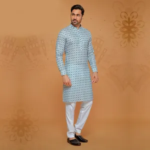 Straight Cut Kurta for Men In Blue Print