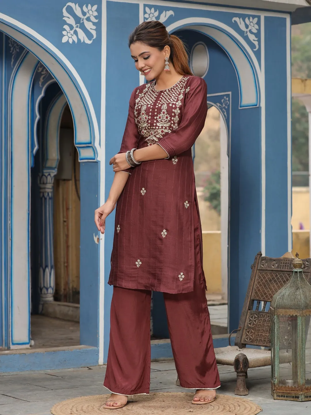 Straight Embroidered Kurta With Palazzo & Dupatta