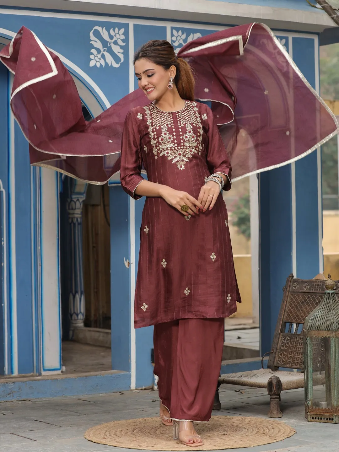 Straight Embroidered Kurta With Palazzo & Dupatta