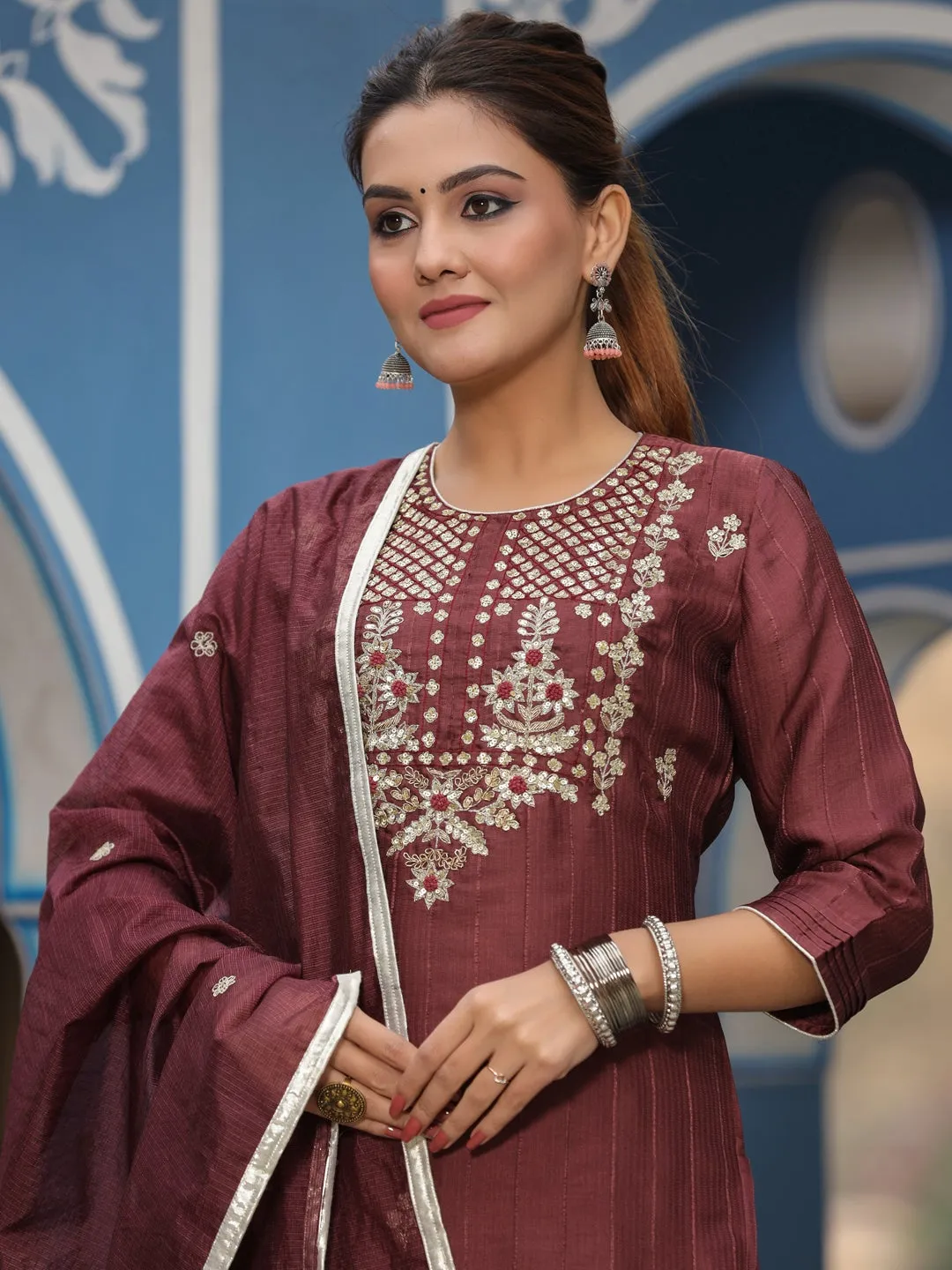 Straight Embroidered Kurta With Palazzo & Dupatta