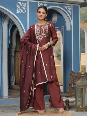 Straight Embroidered Kurta With Palazzo & Dupatta
