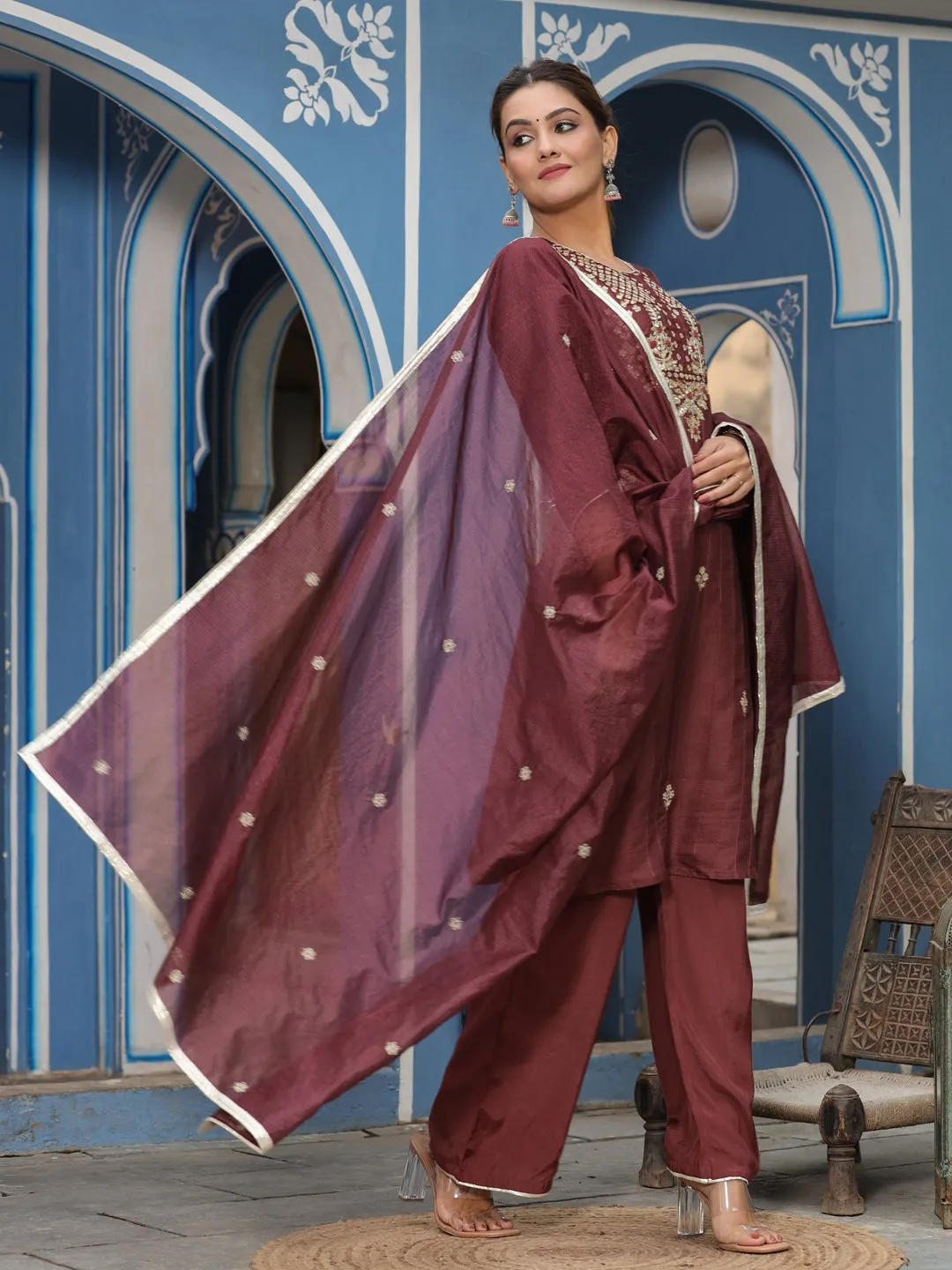 Straight Embroidered Kurta With Palazzo & Dupatta