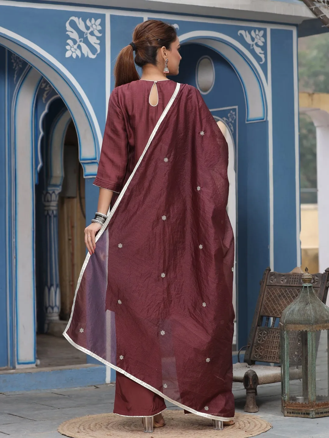 Straight Embroidered Kurta With Palazzo & Dupatta