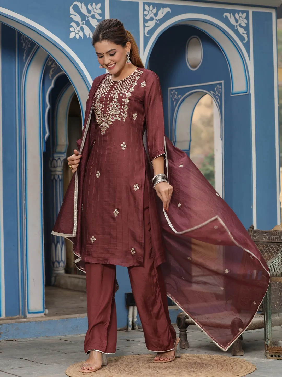 Straight Embroidered Kurta With Palazzo & Dupatta