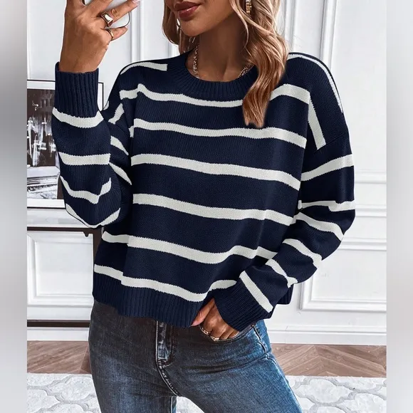 Striped Pattern Drop Shoulder Sweater