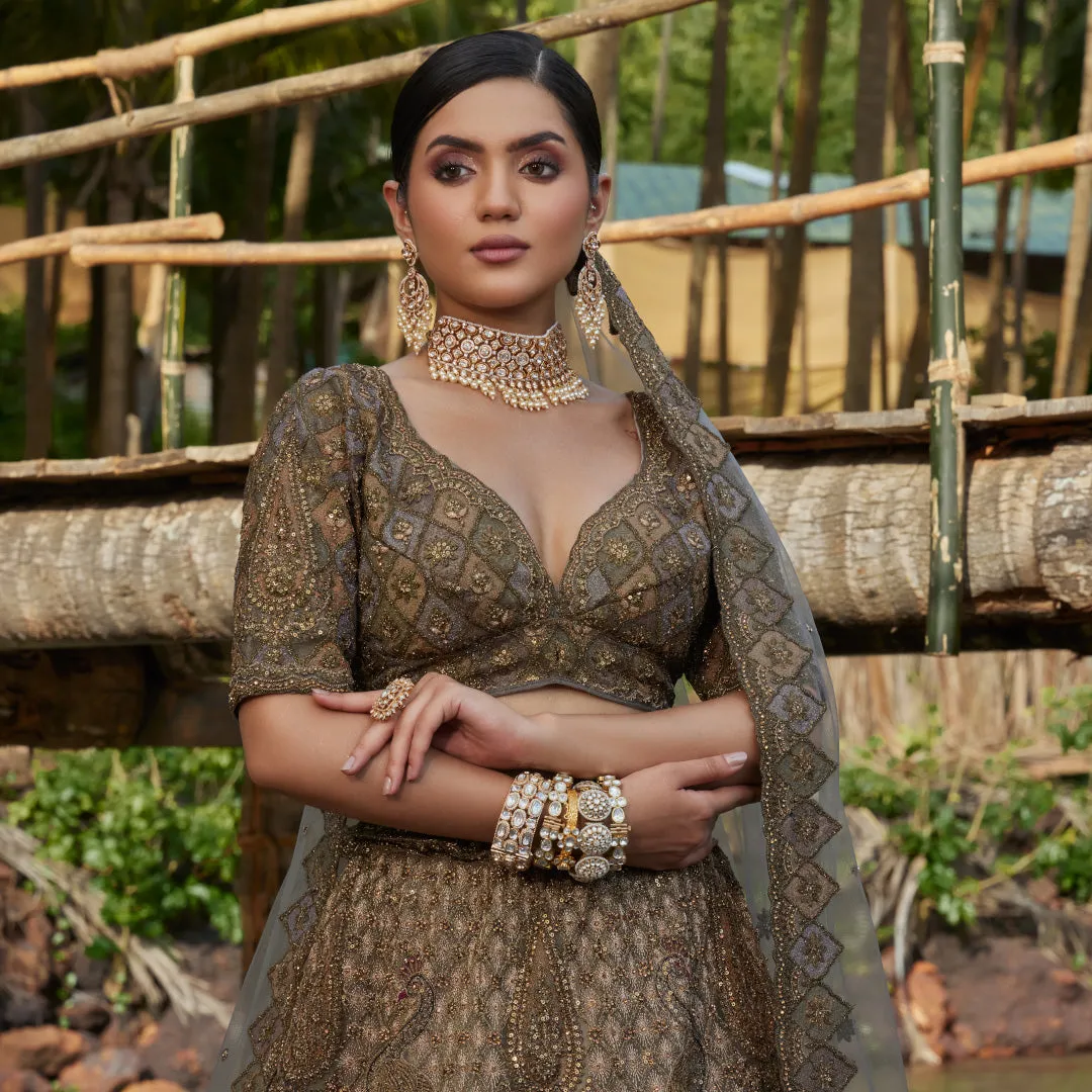 Stunning Mehendi Bridal Lehenga With Lovely Paisley Sequin Work