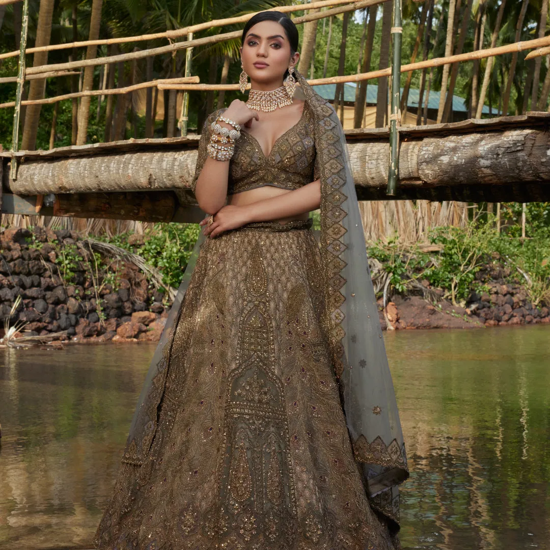 Stunning Mehendi Bridal Lehenga With Lovely Paisley Sequin Work