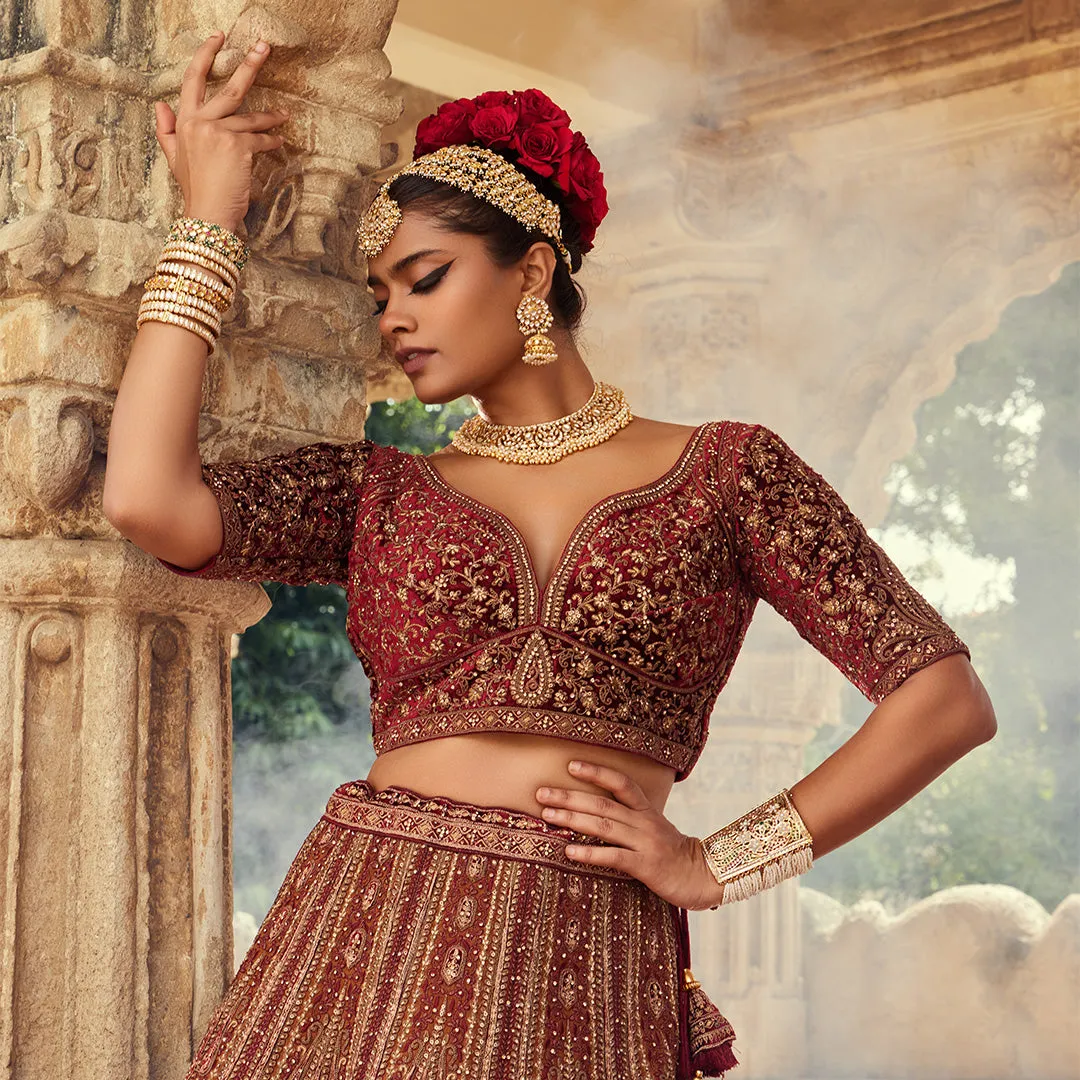 Stunning Rust Hue Sequin and Thread Work Lehenga