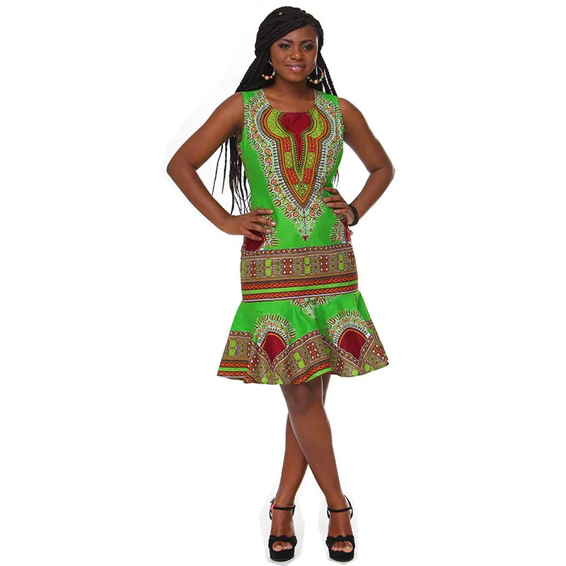Traditional African Kitenge Dashiki Print Design Batik Above Knee Sleeveless Dress