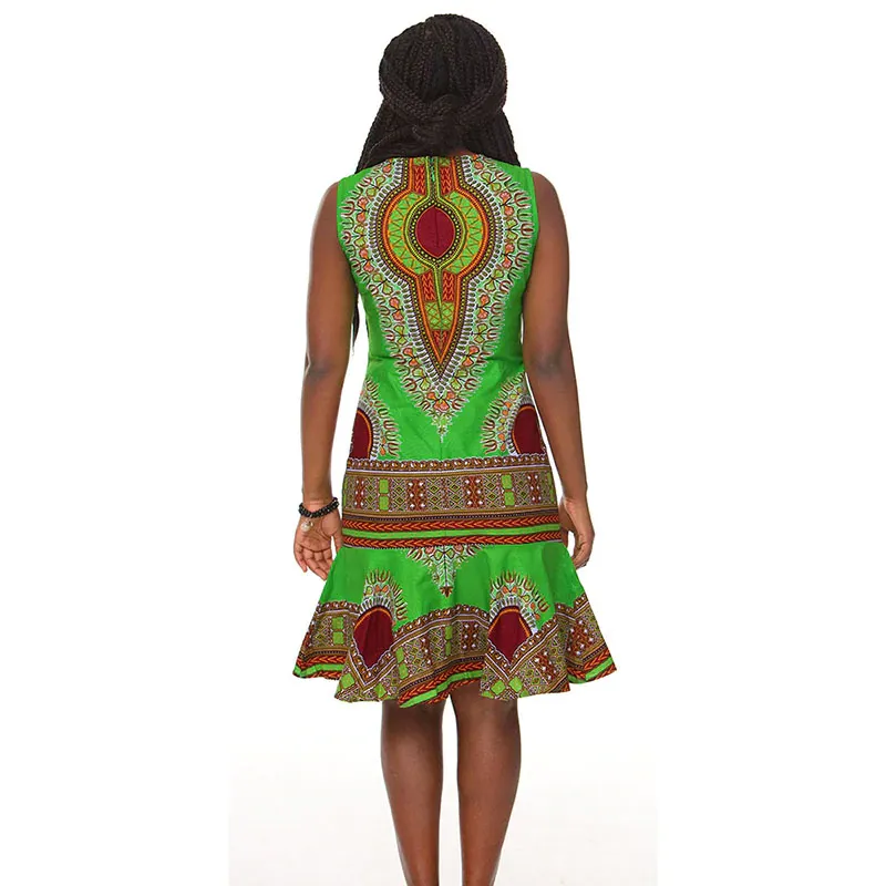 Traditional African Kitenge Dashiki Print Design Batik Above Knee Sleeveless Dress