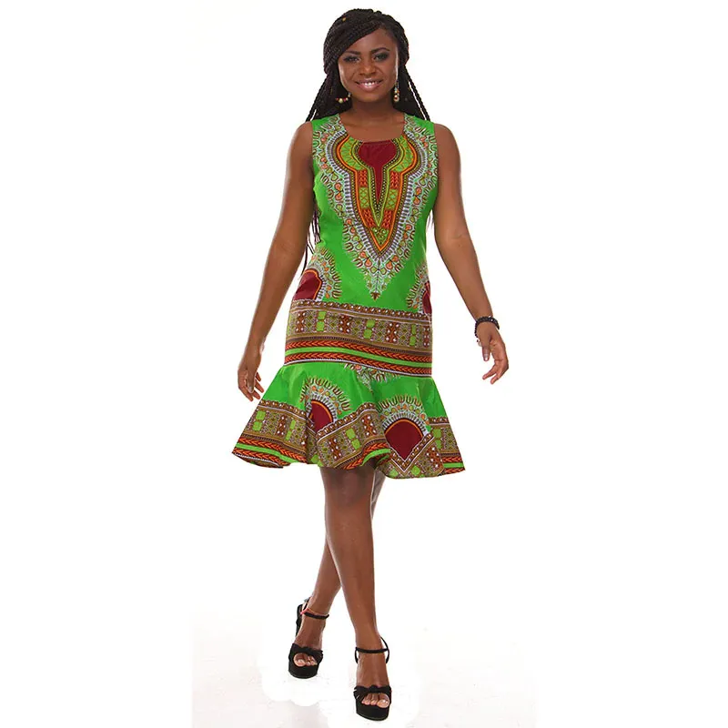 Traditional African Kitenge Dashiki Print Design Batik Above Knee Sleeveless Dress