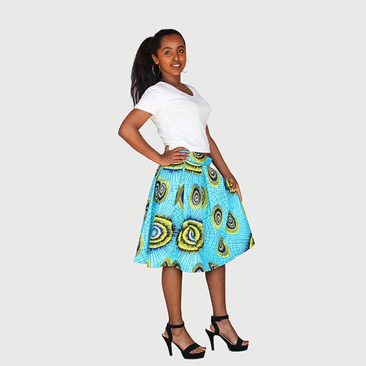 Trendy African Traditional Wax Print Aqua Green Color Drindl Pleated Knee Length Skirt
