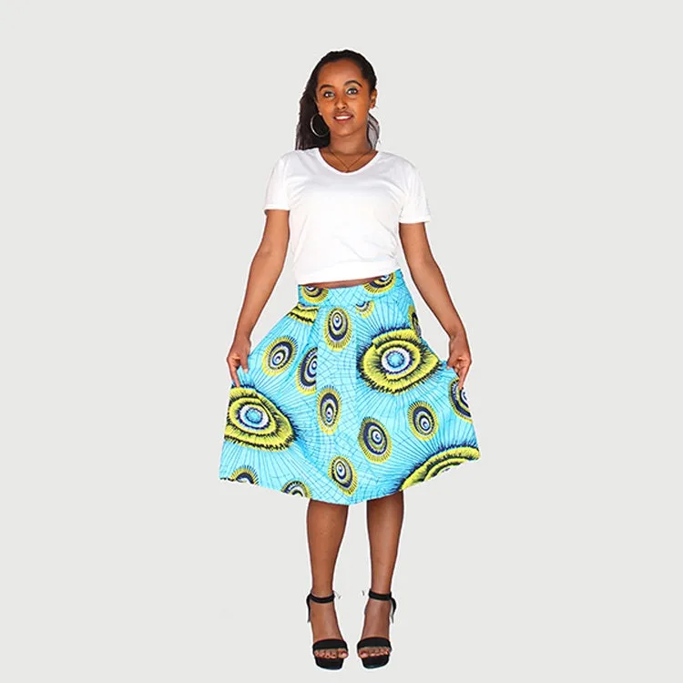 Trendy African Traditional Wax Print Aqua Green Color Drindl Pleated Knee Length Skirt