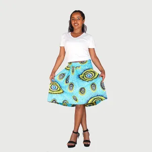 Trendy African Traditional Wax Print Aqua Green Color Drindl Pleated Knee Length Skirt