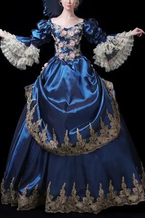 Trumpet Sleeves High Waisted Three Dimensional Flower Embroidery Print Victorian Lolita Prom Dress