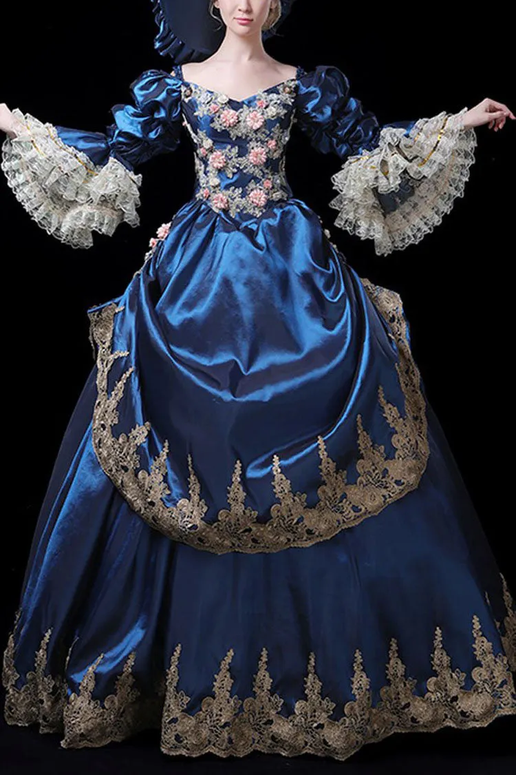 Trumpet Sleeves High Waisted Three Dimensional Flower Embroidery Print Victorian Lolita Prom Dress