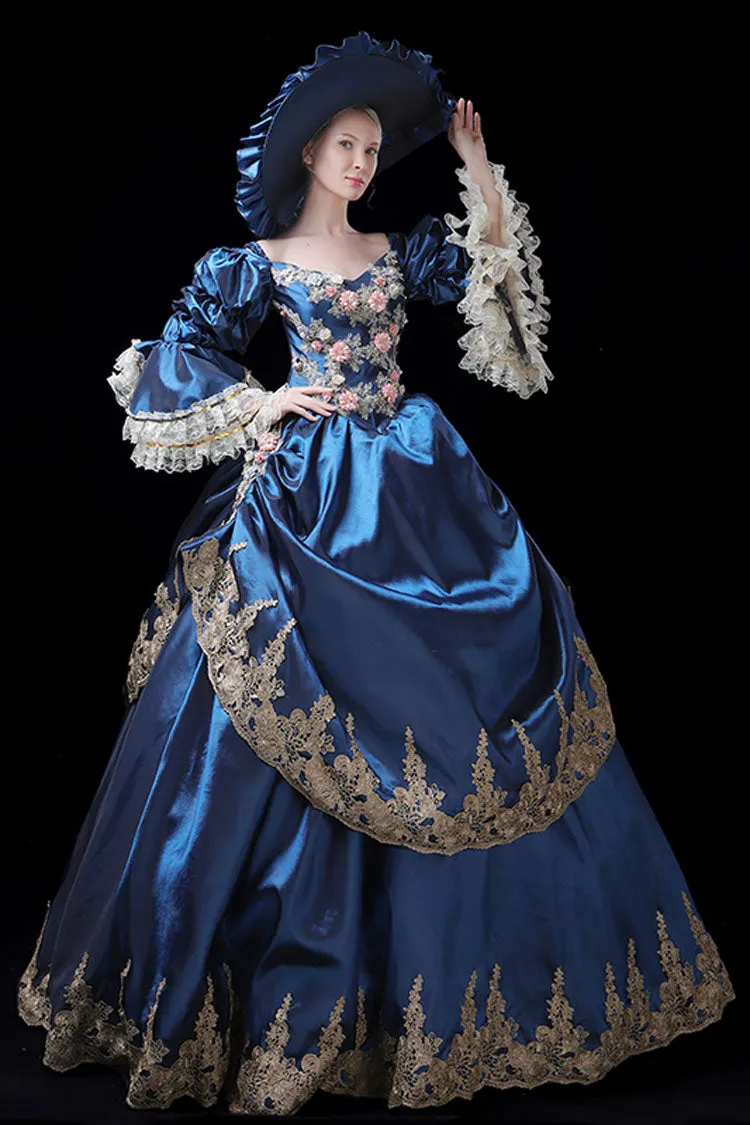 Trumpet Sleeves High Waisted Three Dimensional Flower Embroidery Print Victorian Lolita Prom Dress