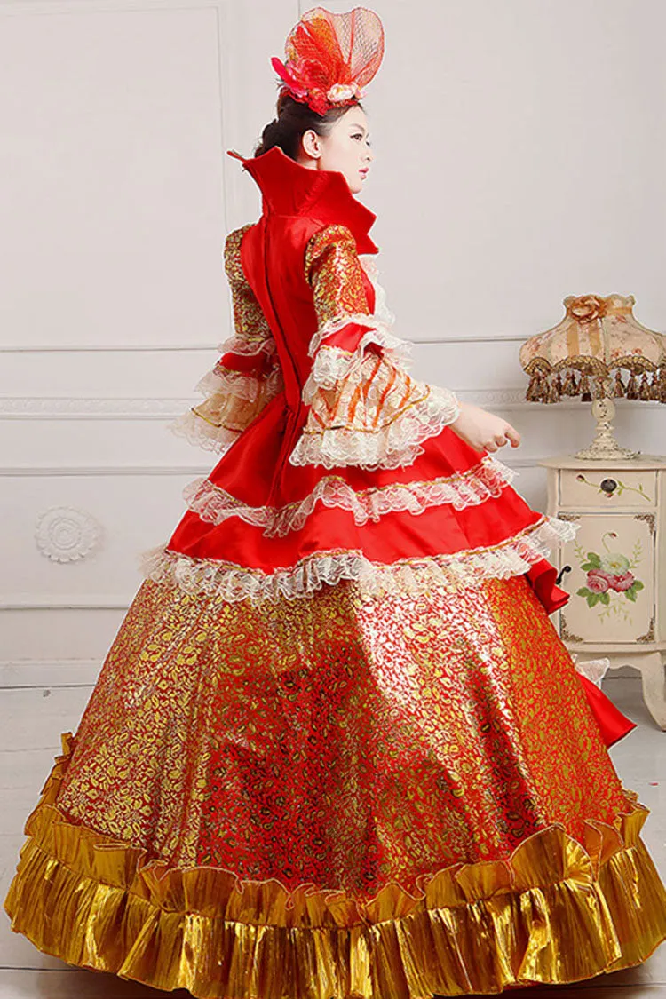 Trumpet Sleeves Stand Collar Lace Stitching Ruffled Multi-Layer Victorian Lolita Prom Dress