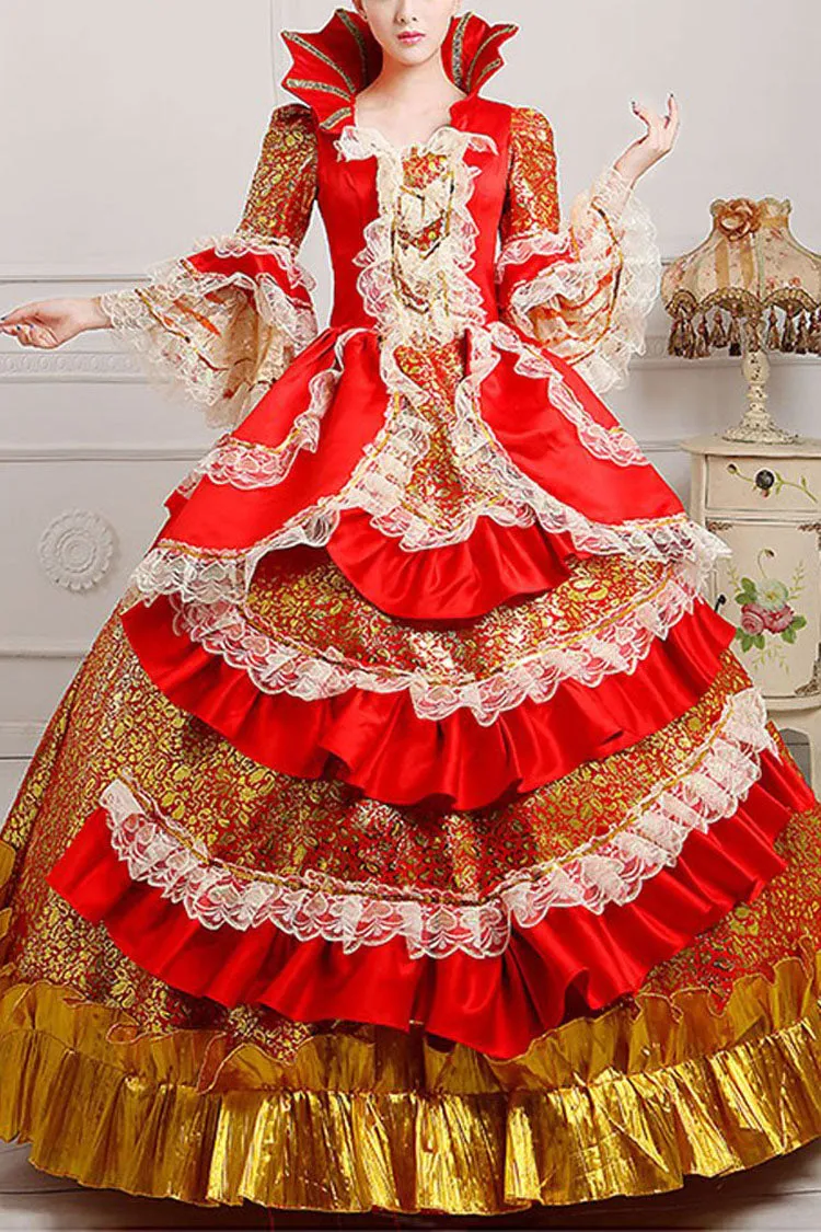 Trumpet Sleeves Stand Collar Lace Stitching Ruffled Multi-Layer Victorian Lolita Prom Dress