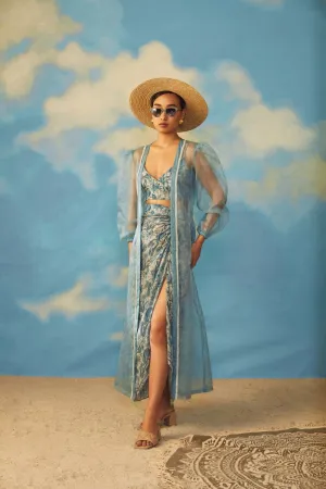 Turq peaks with drape skirt and cape