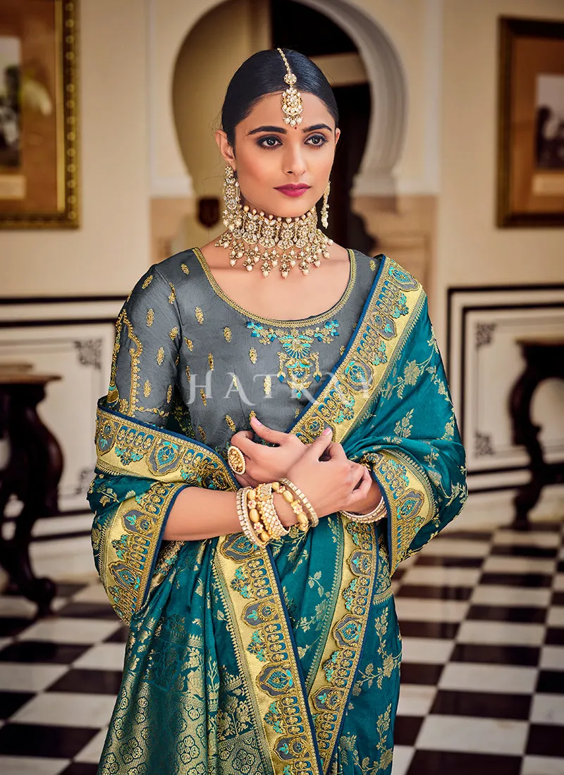 Turquoise Traditional Weaved Party Wear Silk Saree