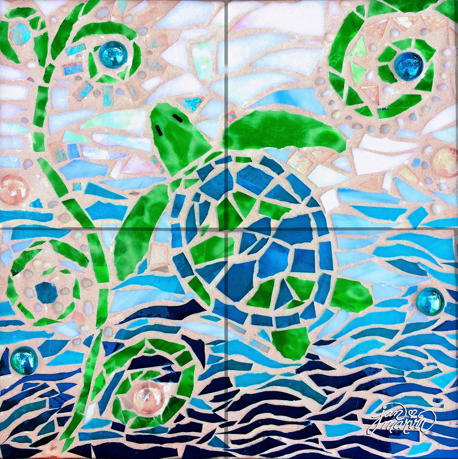 Turtle Turquoise Mosaic Tile Mural, High Quality (won't fade), Indoor or Outdoor, Beach Wall Tiles, Backsplash, Shower
