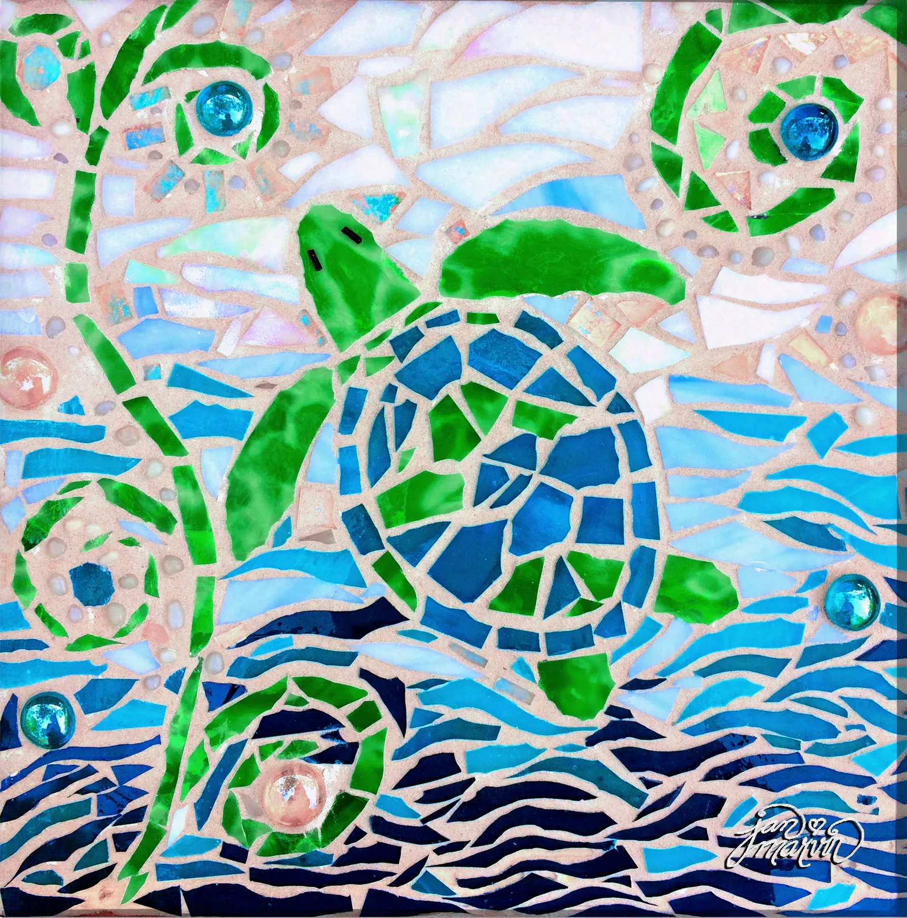 Turtle Turquoise Mosaic Tile Mural, High Quality (won't fade), Indoor or Outdoor, Beach Wall Tiles, Backsplash, Shower