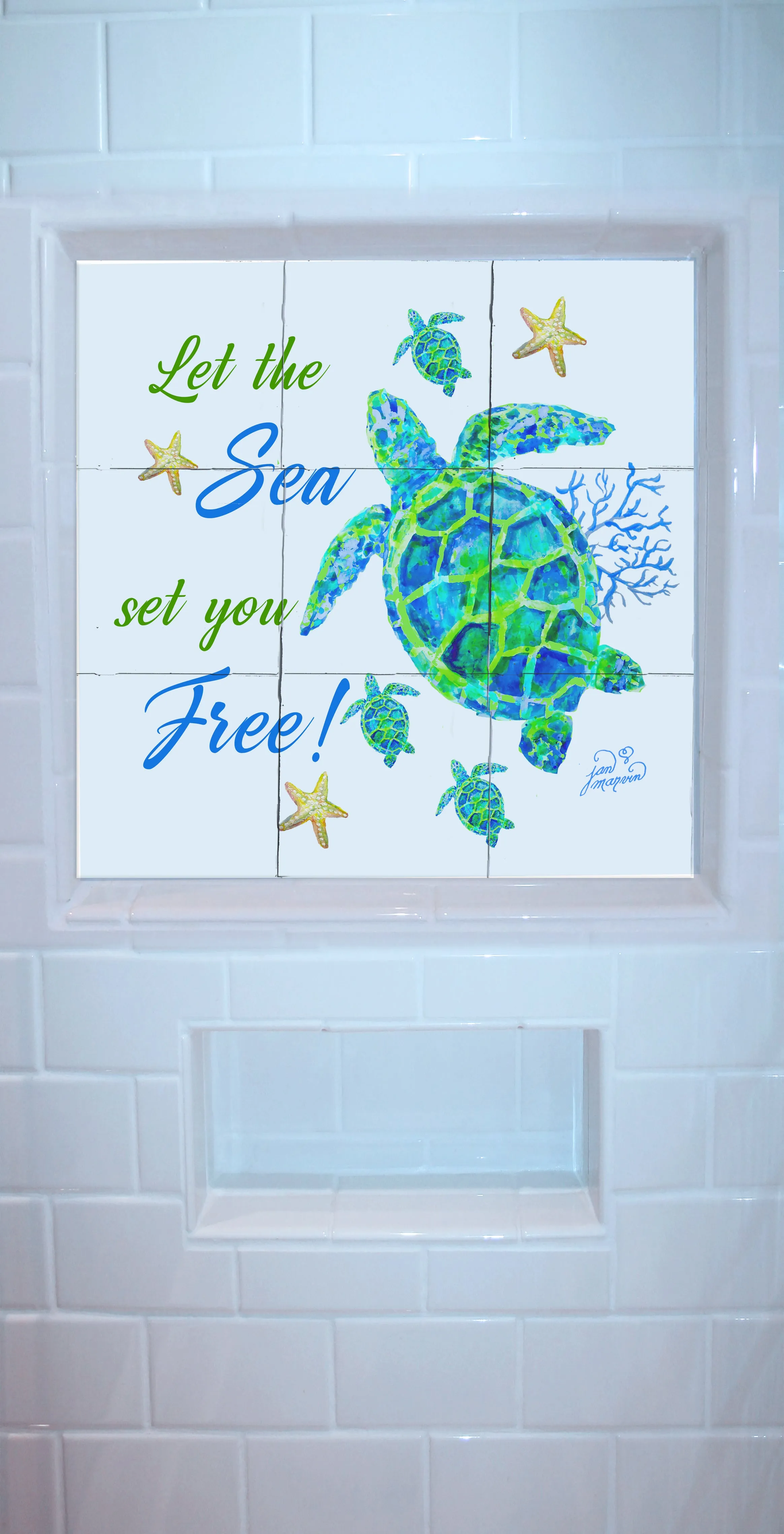 Turtle with Coral Tile Mural, Let the Sea Set You Free, High Quality (won't fade), Indoor or Outdoor, Wall Tiles, Backsplash, Shower, Mosaic
