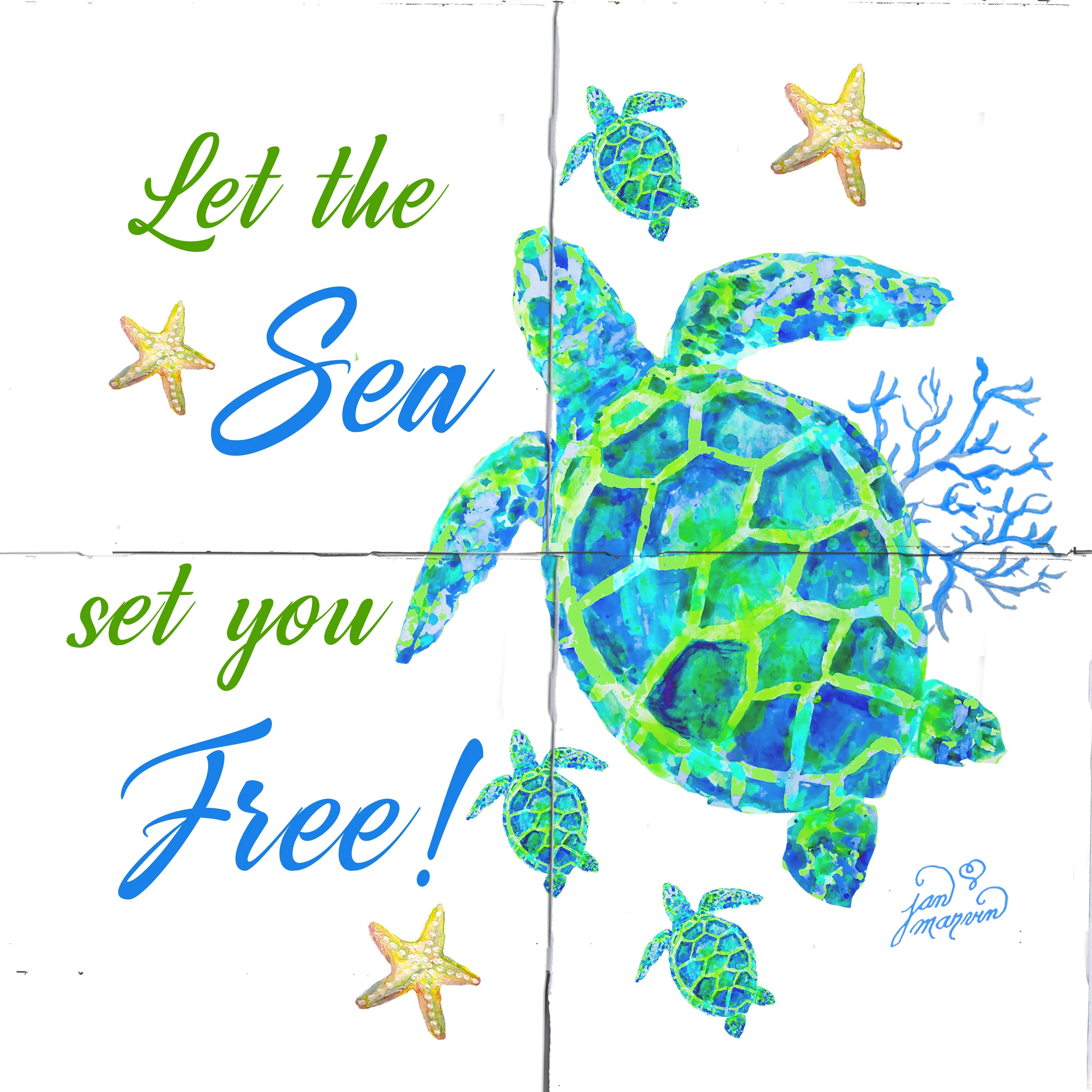 Turtle with Coral Tile Mural, Let the Sea Set You Free, High Quality (won't fade), Indoor or Outdoor, Wall Tiles, Backsplash, Shower, Mosaic