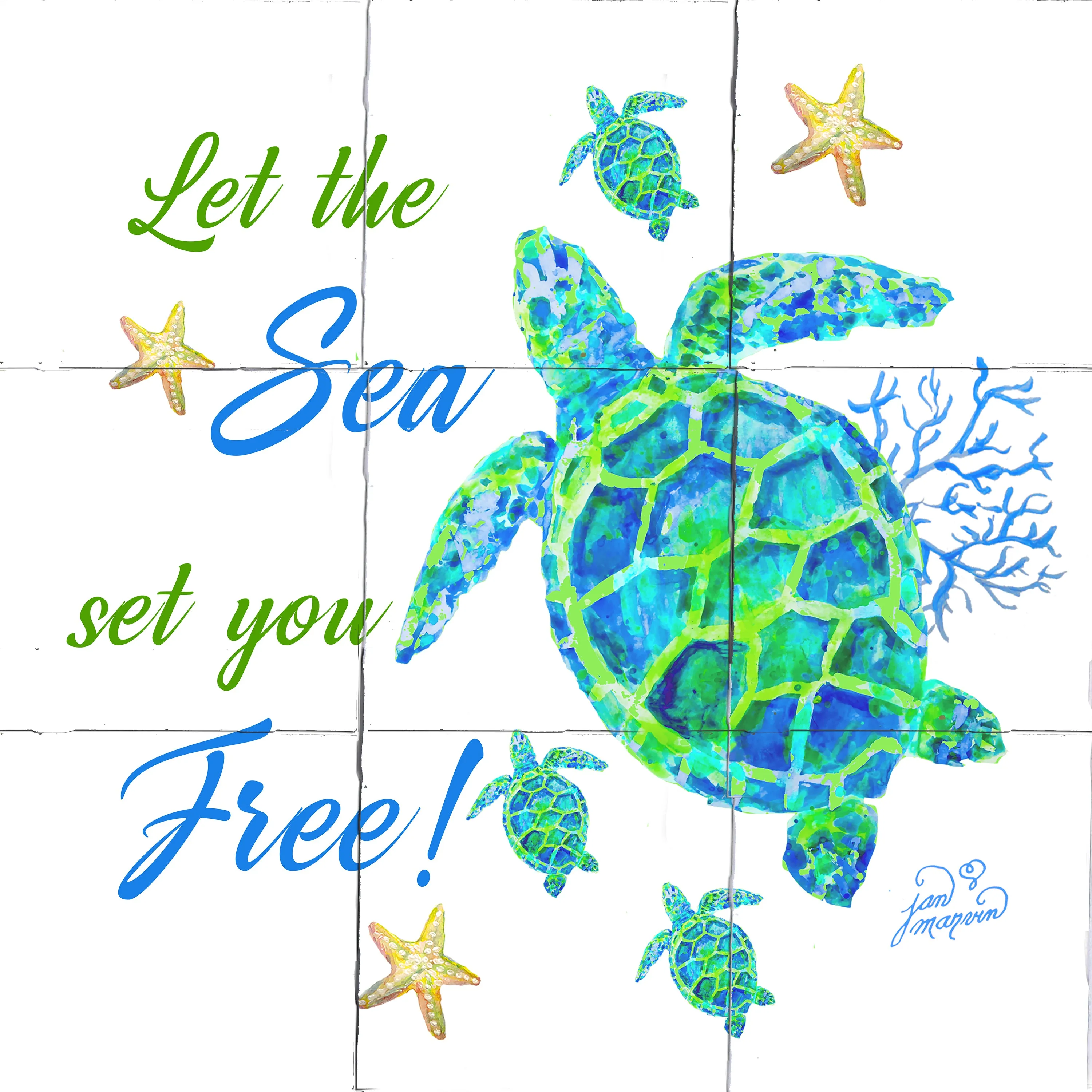 Turtle with Coral Tile Mural, Let the Sea Set You Free, High Quality (won't fade), Indoor or Outdoor, Wall Tiles, Backsplash, Shower, Mosaic