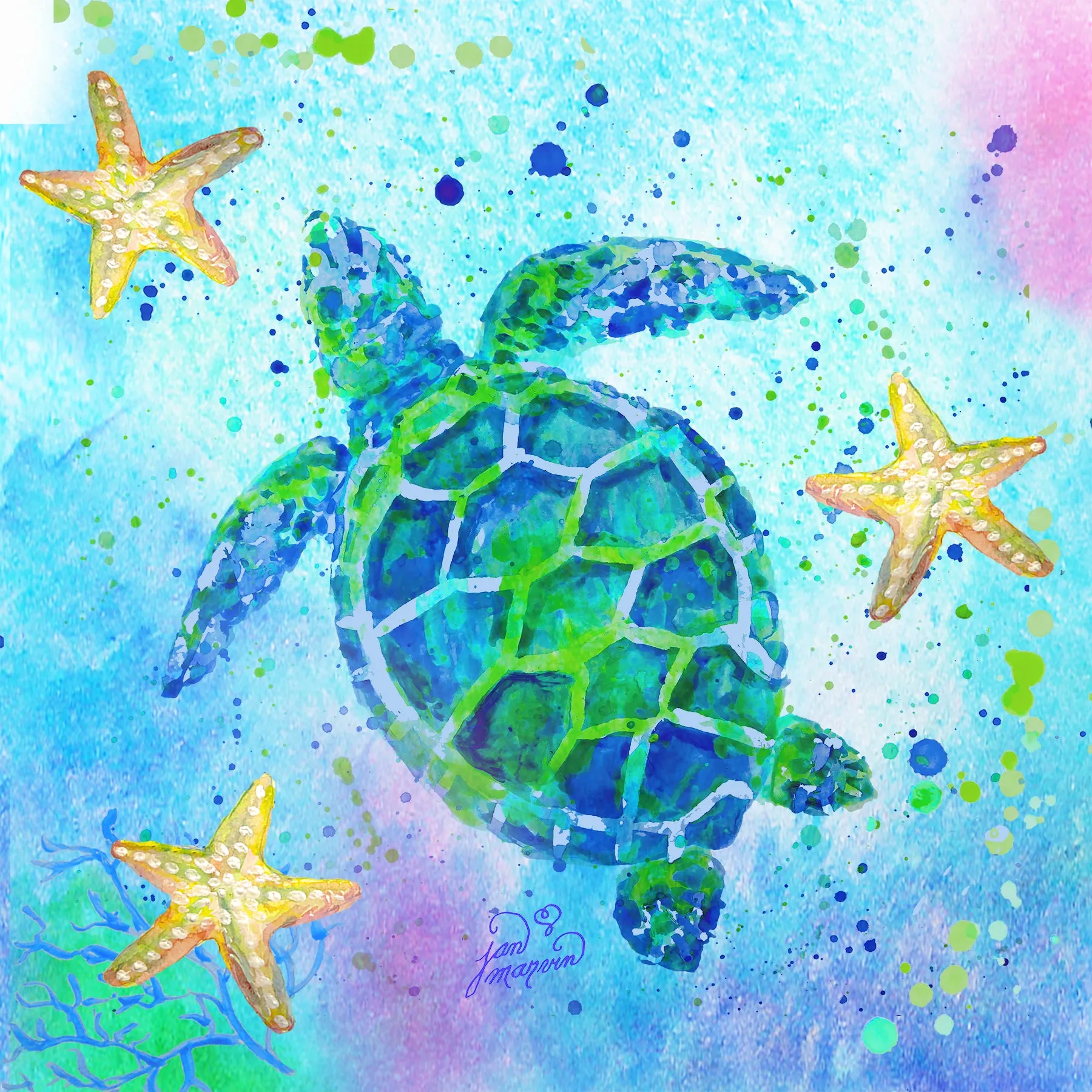 Turtle with Starfish Tile Mural, High Quality (won't fade), Indoor or Outdoor, Wall Tiles, Backsplash, Shower, Mosaic