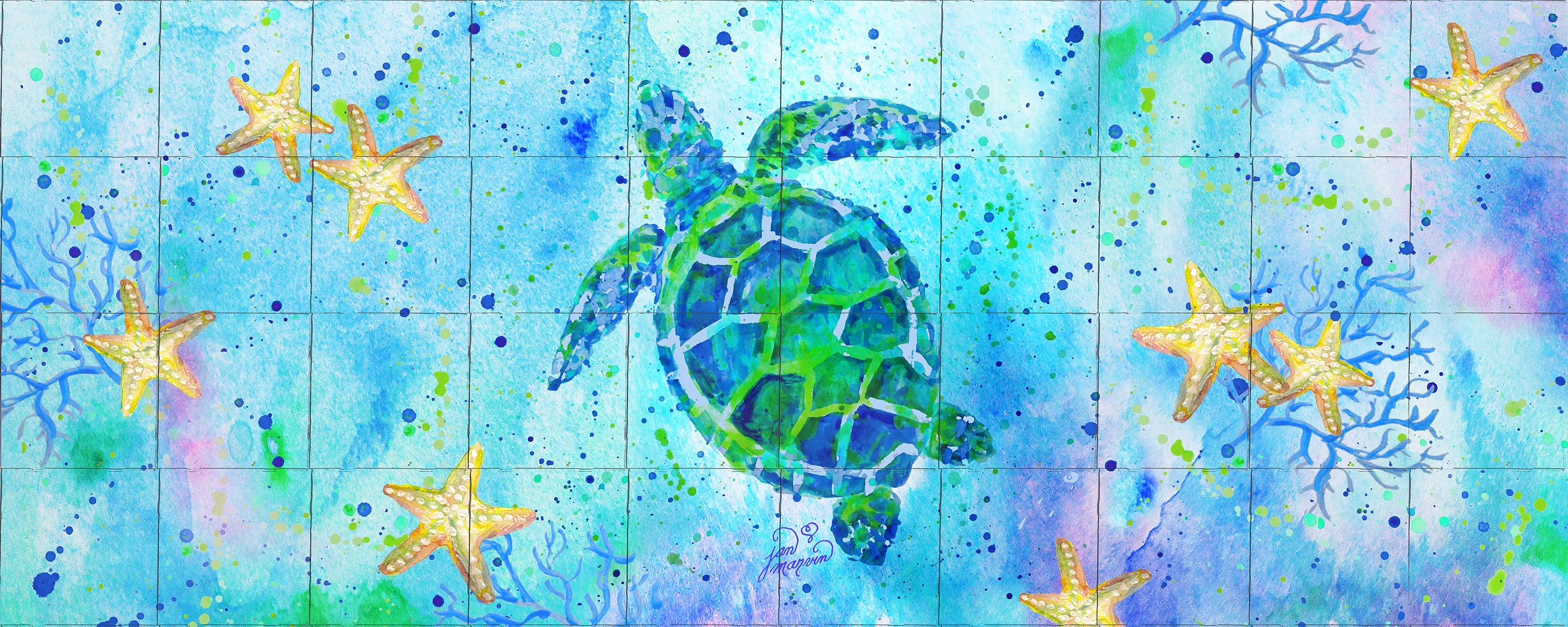 Turtle with Starfish Tile Mural, High Quality (won't fade), Indoor or Outdoor, Wall Tiles, Backsplash, Shower, Mosaic
