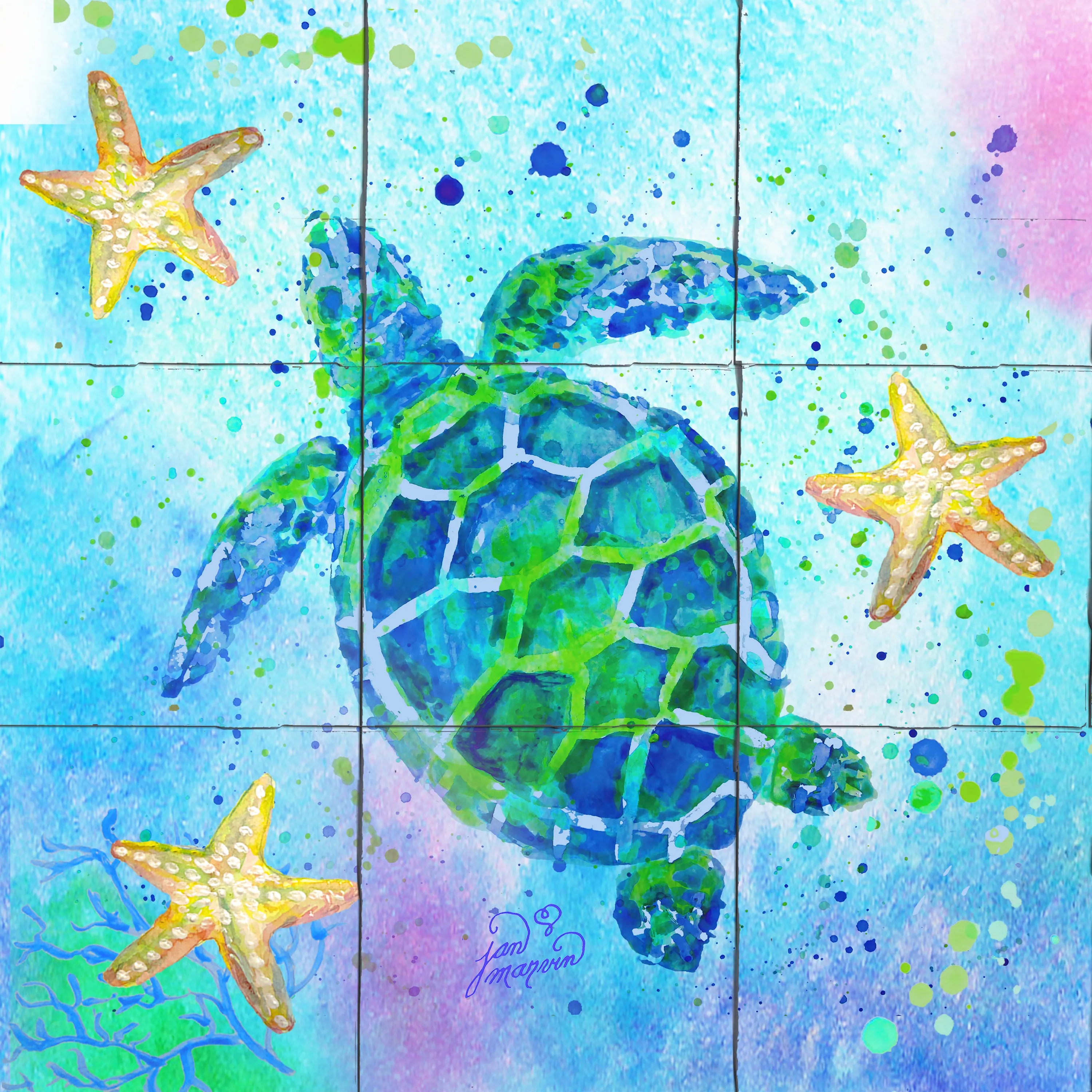 Turtle with Starfish Tile Mural, High Quality (won't fade), Indoor or Outdoor, Wall Tiles, Backsplash, Shower, Mosaic