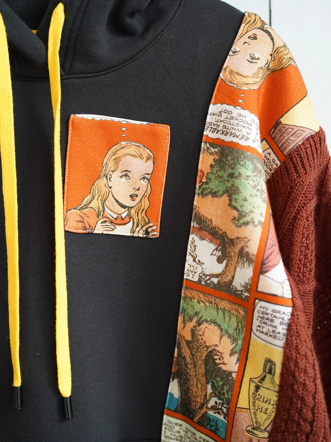 Unlogical Poem Fairy Tale Print Patchwork Knitted Hoodie