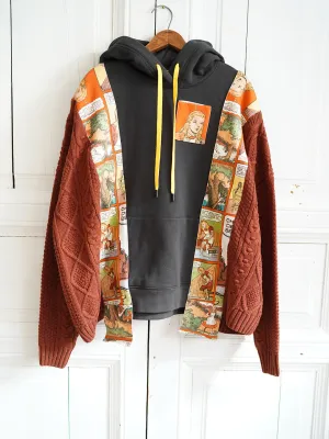 Unlogical Poem Fairy Tale Print Patchwork Knitted Hoodie