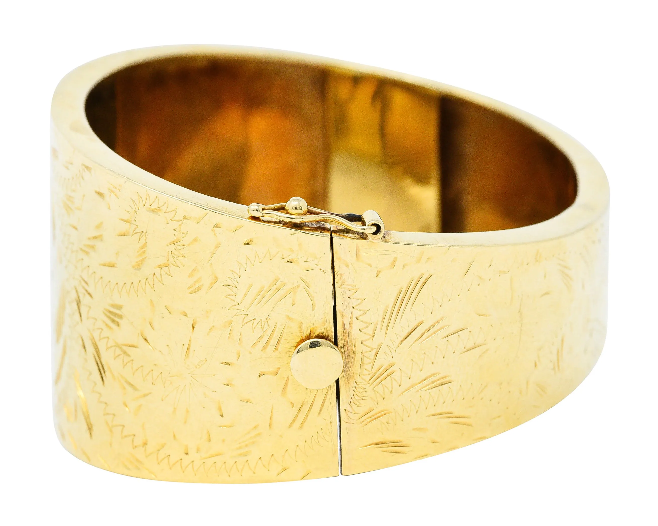 Victorian 14 Karat Gold Engraved Floral Bangle Bracelet Circa 1900