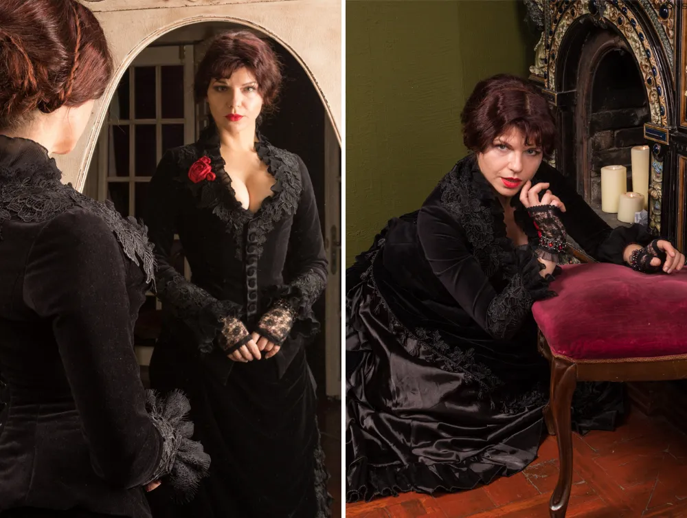 Victorian gothic black taffeta Lucille Sharpe Crimson Peak costume