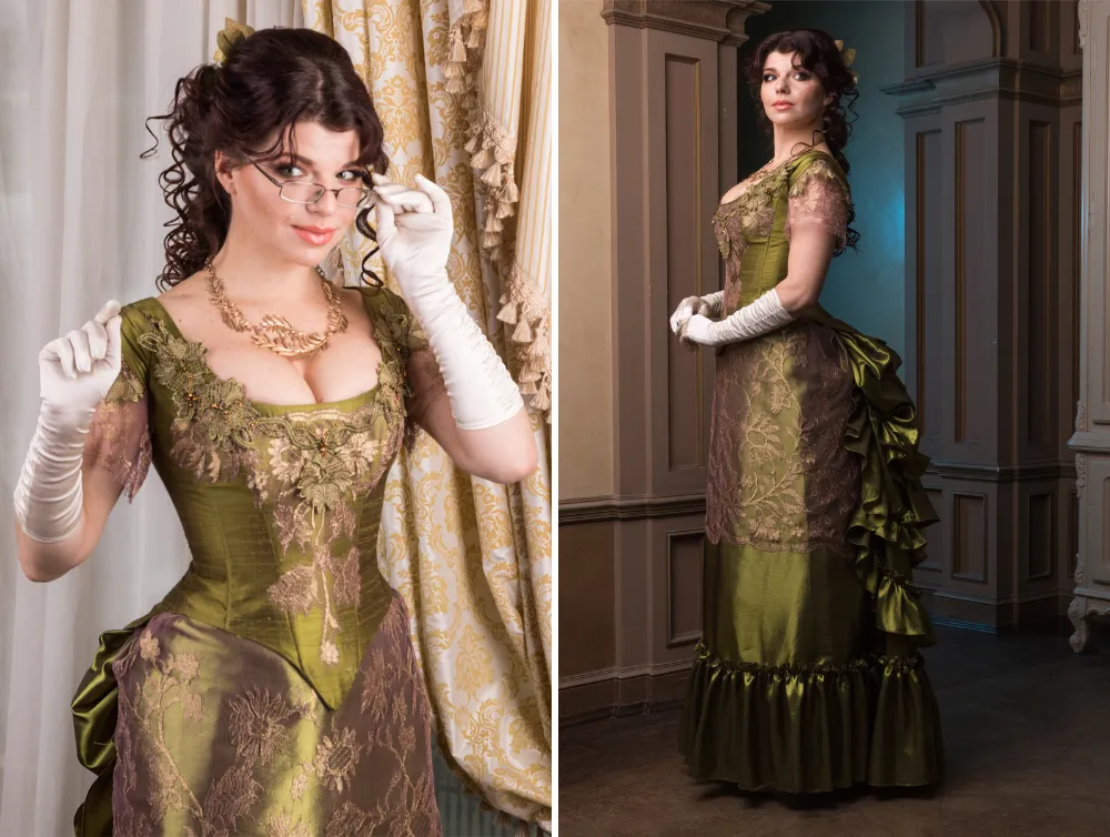 Victorian green walking silk costume with laces and metal spiders