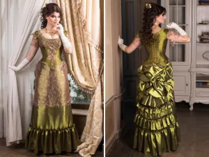 Victorian green walking silk costume with laces and metal spiders