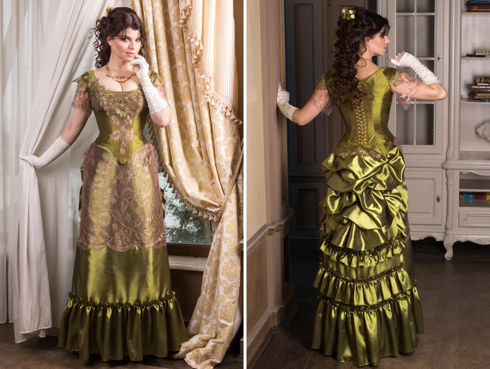Victorian green walking silk costume with laces and metal spiders