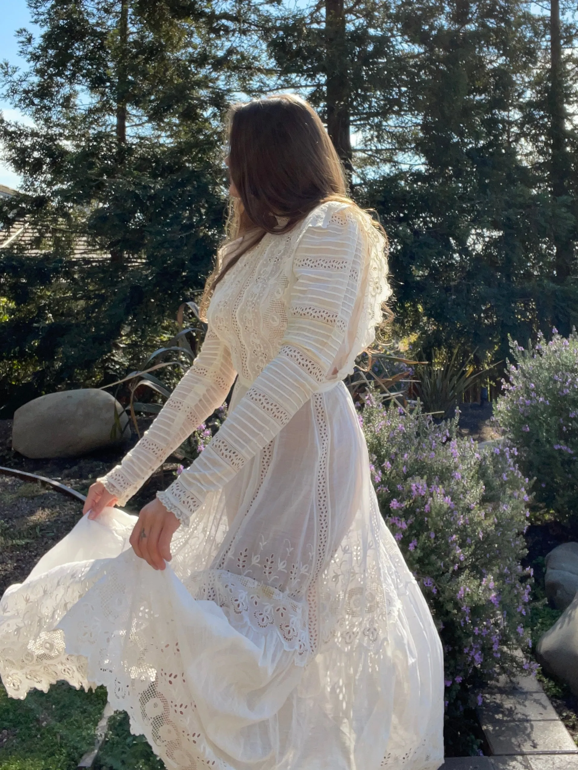 Victorian High Neck Cotton Lawn Lace Inset Dress